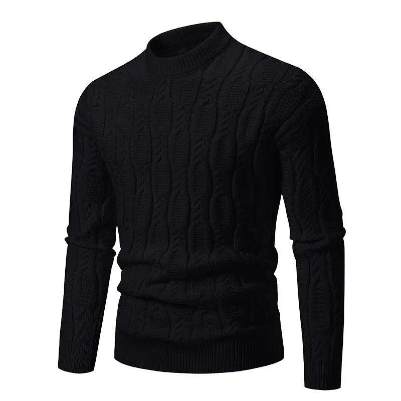 Stylish black men's crew neck sweater with a textured cable knit design for a modern look
