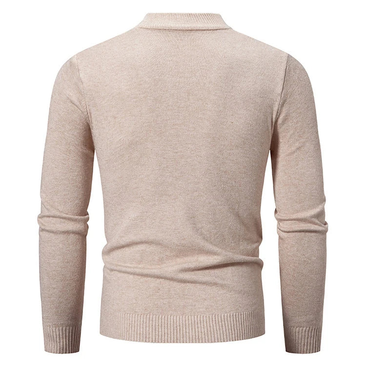 Back view of VaultHaus men's half neck sweater in beige, showcasing soft fabric and fitted design