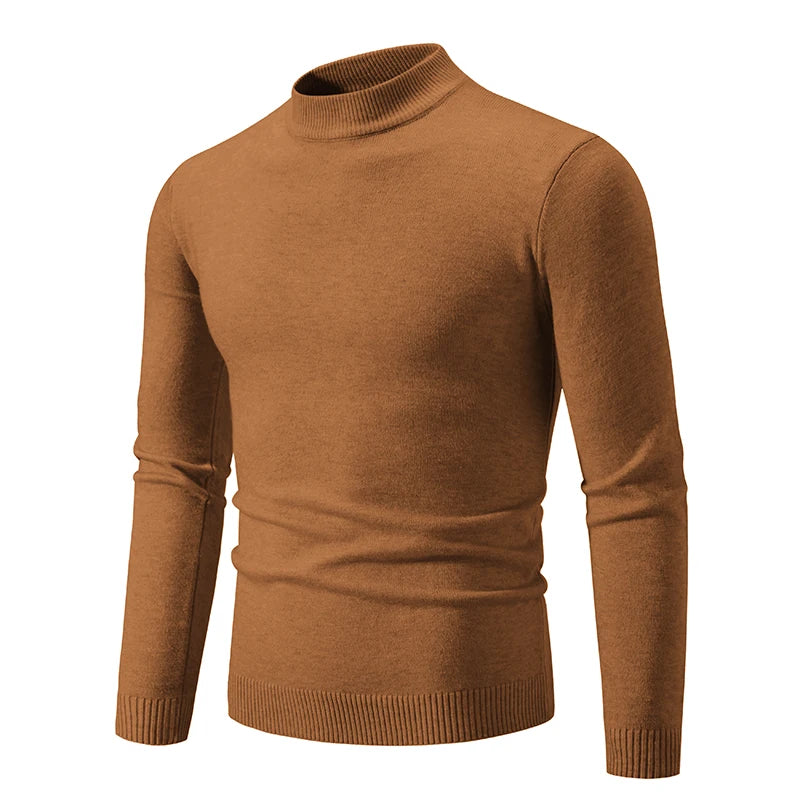 VaultHaus men's half neck sweater in a warm brown shade, perfect for stylish layering in colder weather.