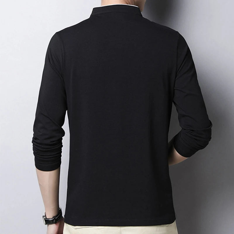 Black men's long sleeve polo shirt from VaultHaus with a slim fit design and soft fabric