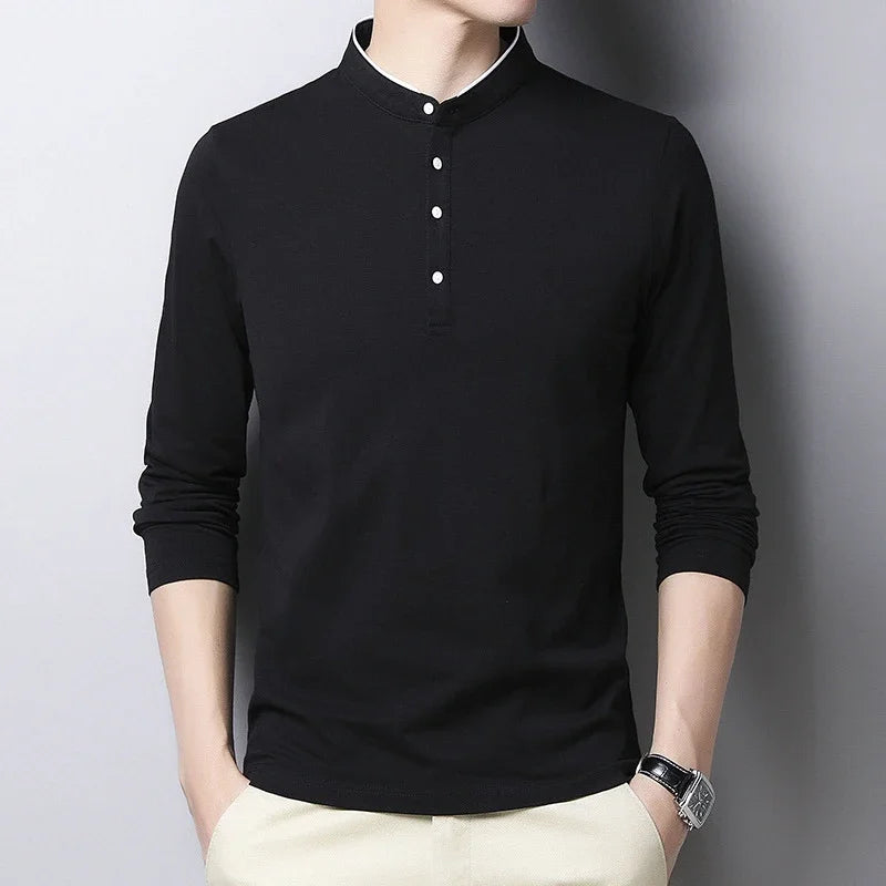 Stylish black men's long sleeve polo shirt with a button-up collar for a modern look