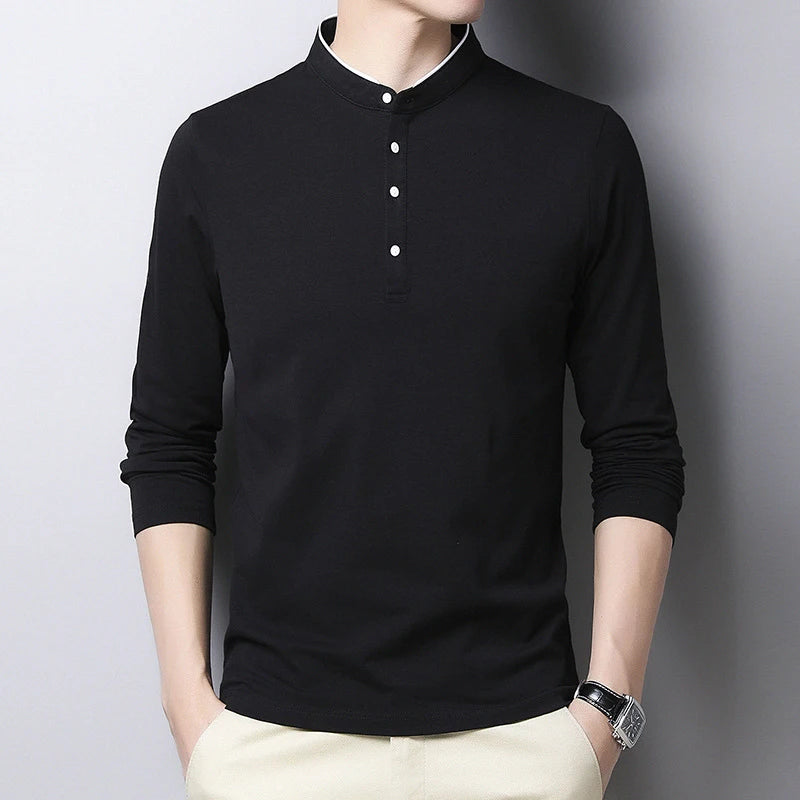 VaultHaus men's long sleeve polo shirt in black with button details for a stylish look