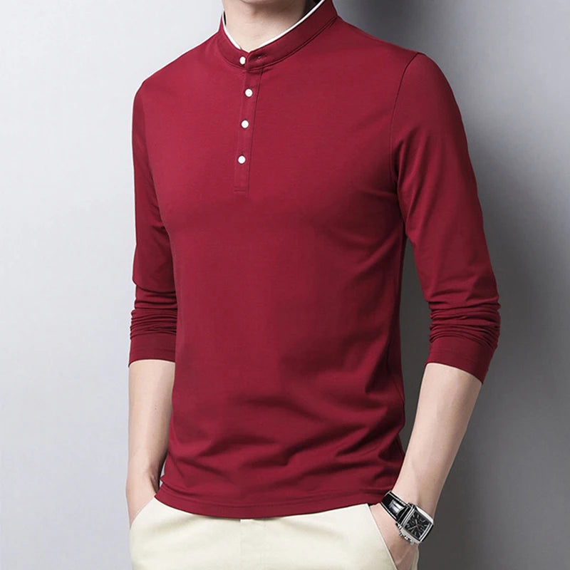 Stylish men's long sleeve polo shirt in burgundy by VaultHaus for a modern casual look