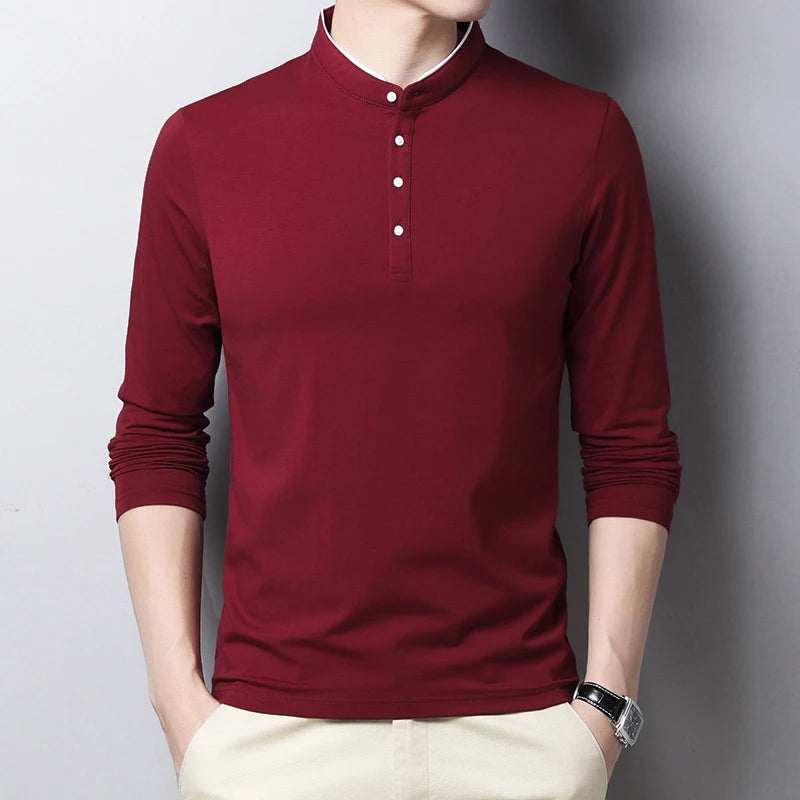 VaultHaus men's long sleeve polo shirt in burgundy with a stylish button-up collar design