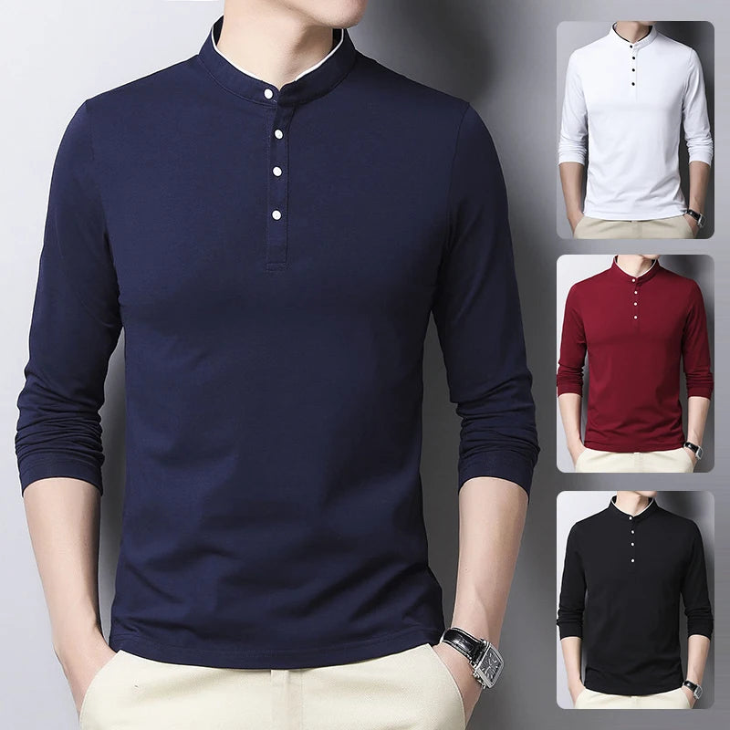 VaultHaus men's long sleeve polo shirt in navy, white, burgundy, and black for stylish casual wear