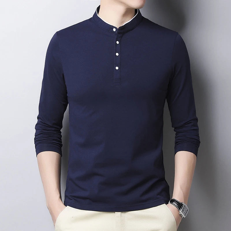 VaultHaus men's long sleeve polo shirt in navy with a stylish buttoned collar and slim fit design