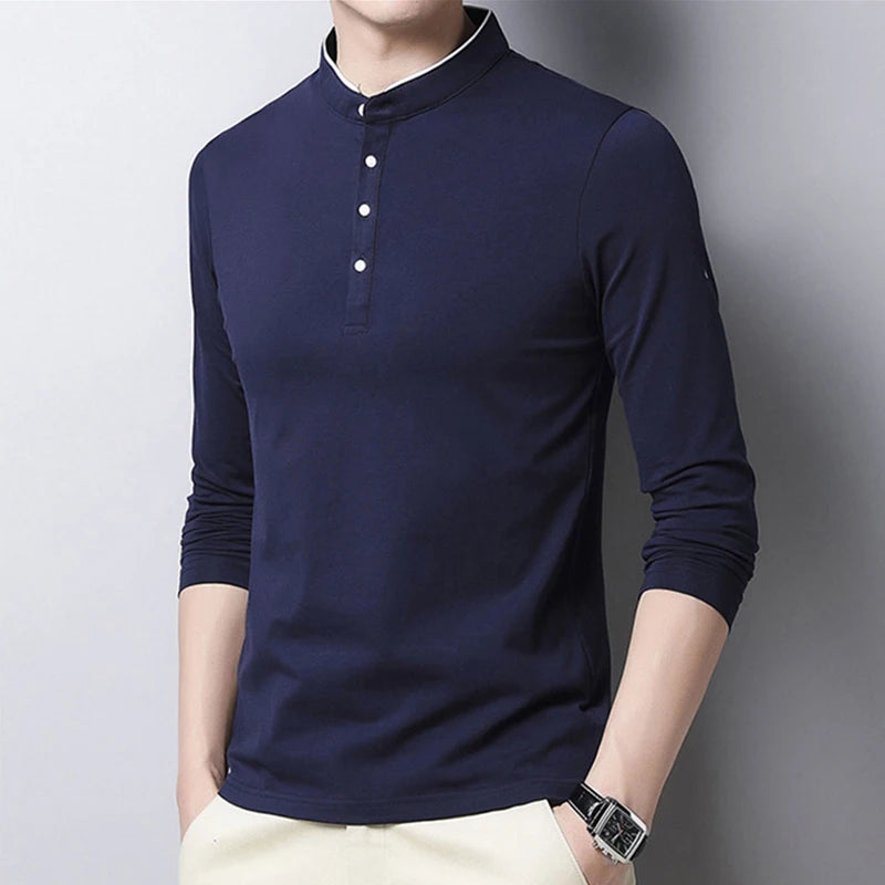 VaultHaus men's long sleeve polo shirt in navy blue, featuring a button collar and fitted design