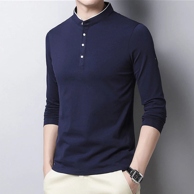 VaultHaus men's long sleeve polo shirt in navy with a stylish collar and button details