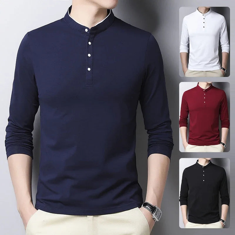 VaultHaus men's long sleeve polo shirt in various colors with stylish button details and modern fit