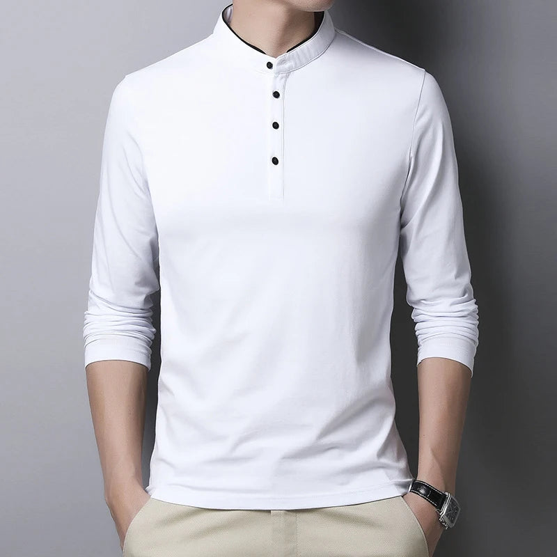 Stylish white men's long sleeve polo shirt with button placket and modern collar design