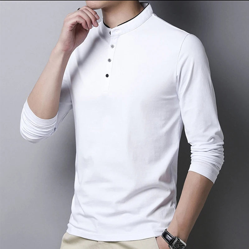 VaultHaus men's long sleeve polo shirt in white with a stylish henley neckline and button details
