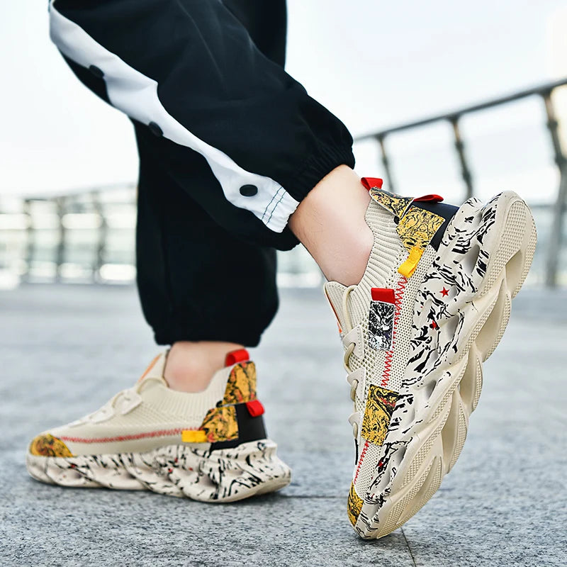 VaultHaus men's luxury sneakers with artistic patterns and bold color accents on textured soles
