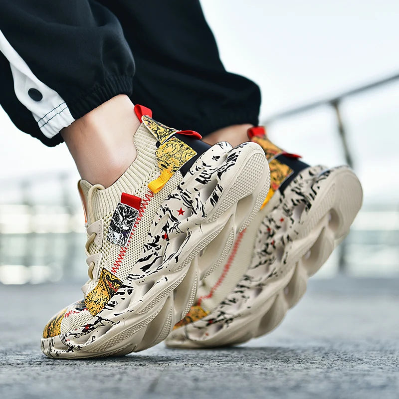 VaultHaus men's luxury sneakers in beige with artistic black and yellow patterns and chunky sole