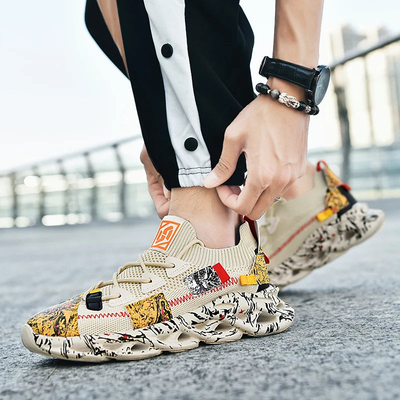 VaultHaus men's luxury sneakers in beige with unique patterned sole and colorful graphic detailing