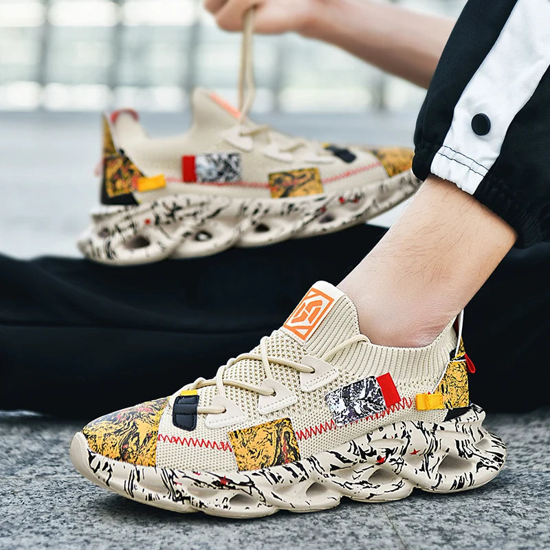 VaultHaus men's luxury sneakers featuring beige mesh and artistic patchwork design with sculpted sole