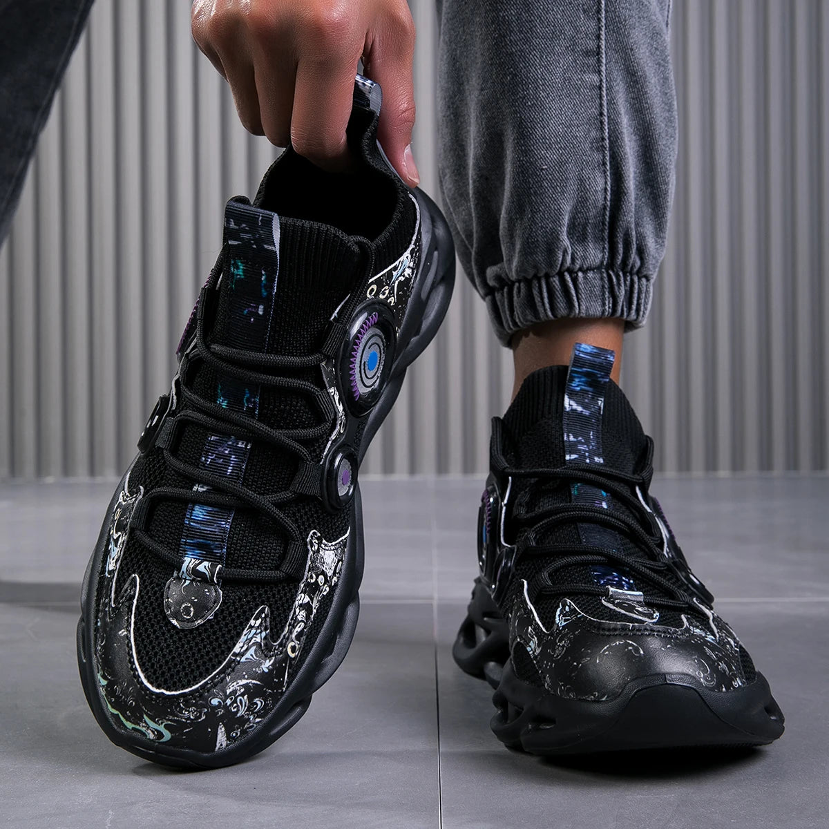 VaultHaus men's luxury sneakers in black with futuristic design and comfortable grip soles