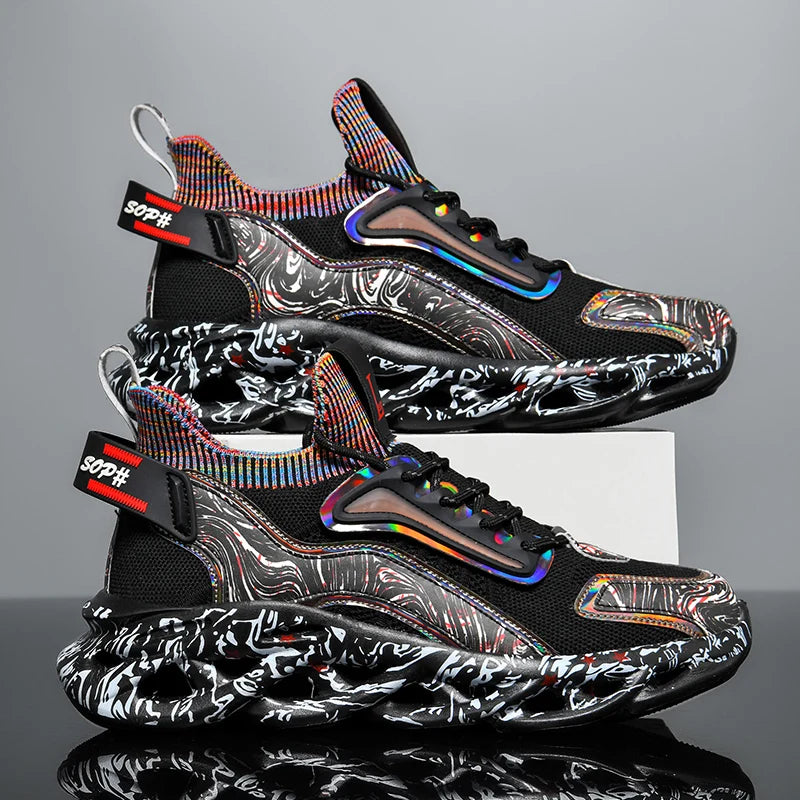 VaultHaus men's luxury sneakers in black with multicolor accents and marbled sole design