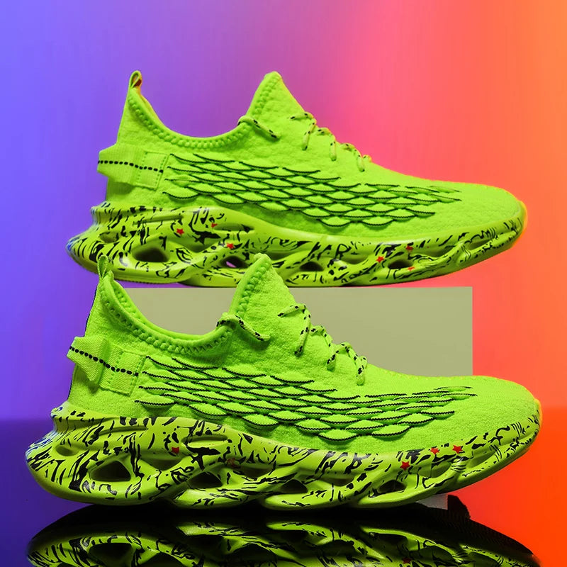 VaultHaus men's luxury sneakers in neon green with textured design and patterned sole on colorful background