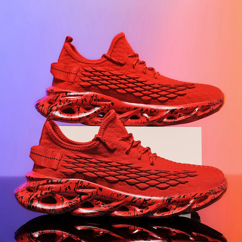 VaultHaus men's luxury sneakers in red with intricate mesh design and patterned cushioned soles