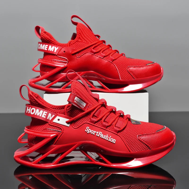 VaultHaus men's luxury sneakers in bold red with futuristic sole design and breathable mesh upper