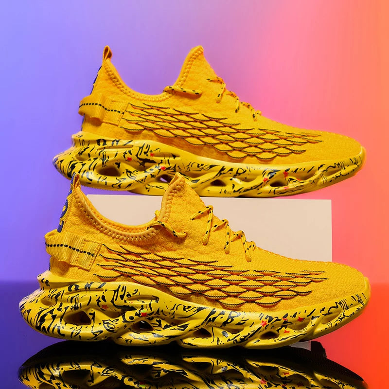 VaultHaus men's luxury sneakers in bright yellow with intricate wing design and patterned sole