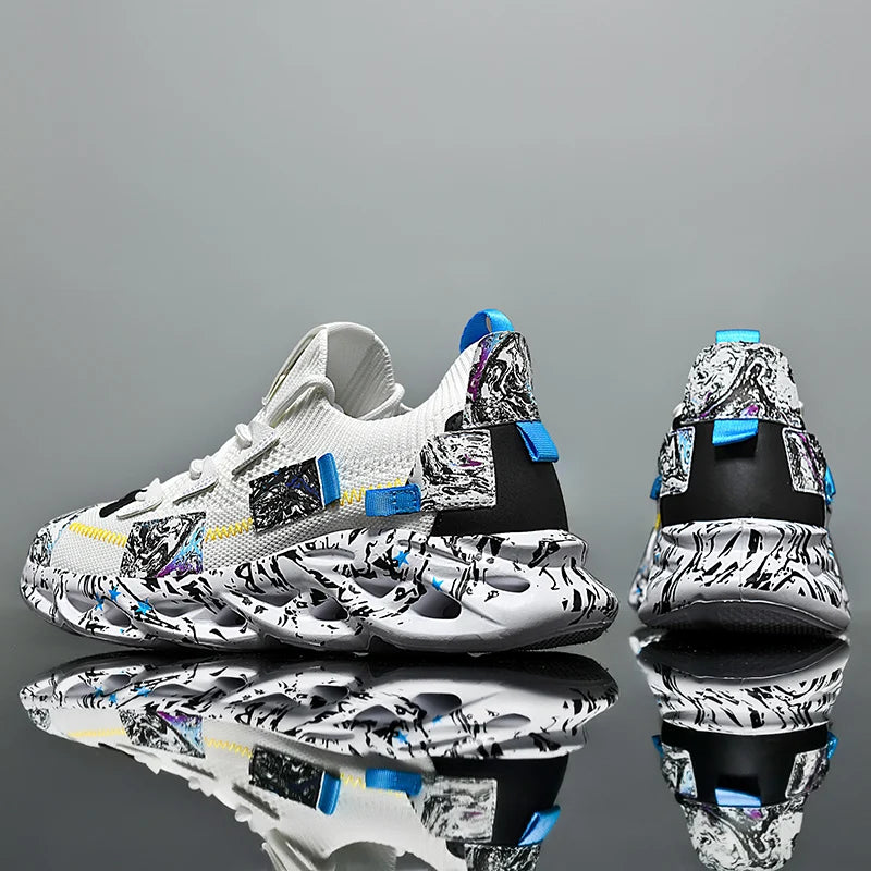 VaultHaus men's luxury sneakers in white with black and blue abstract patterns and unique sculpted soles