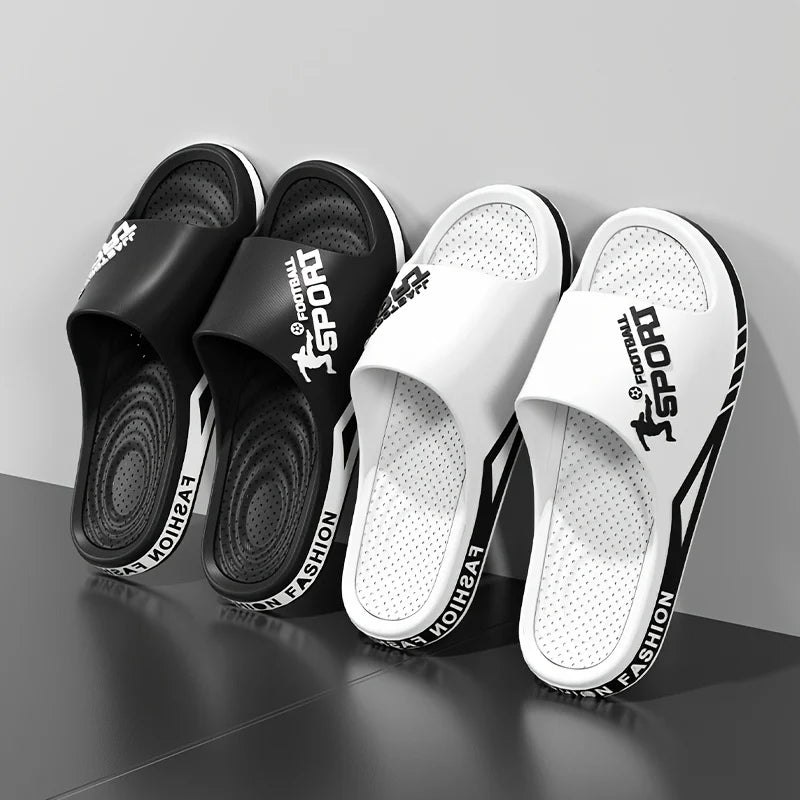 VaultHaus men's outdoor sports slides in black and white with cushioned soles and breathable design