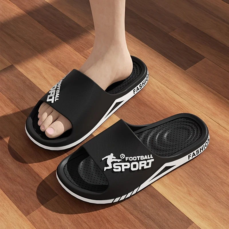 VaultHaus men's outdoor sports slides in black with cushioned sole and football sport design