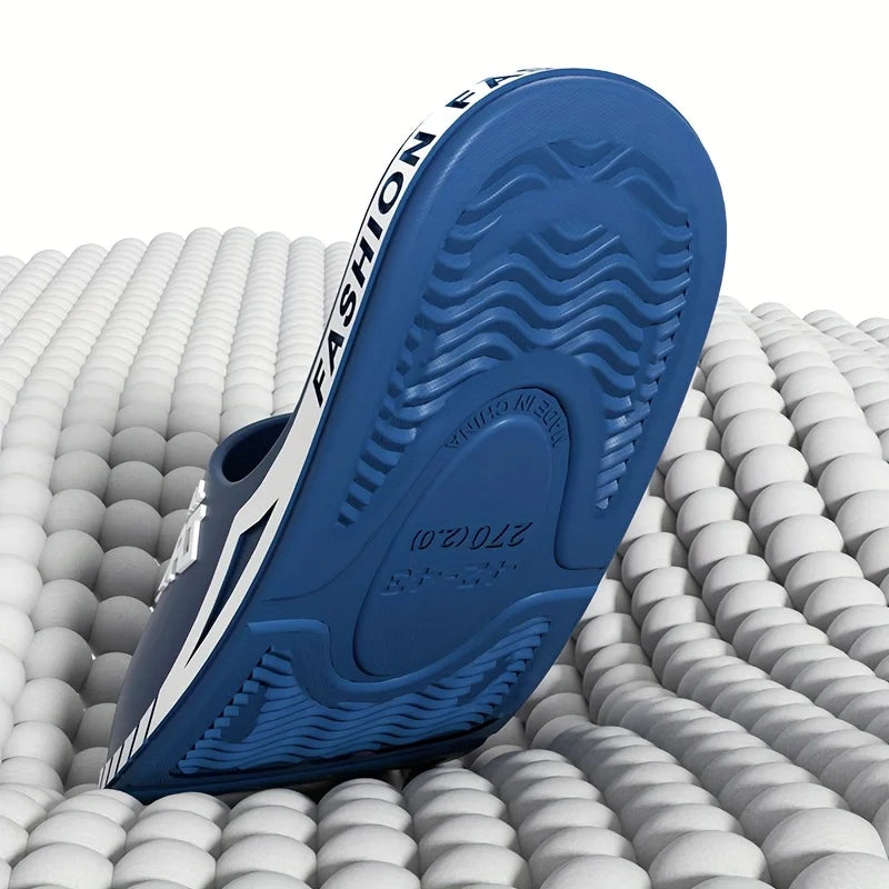 VaultHaus men's outdoor sports slides in blue with textured sole for grip and comfort