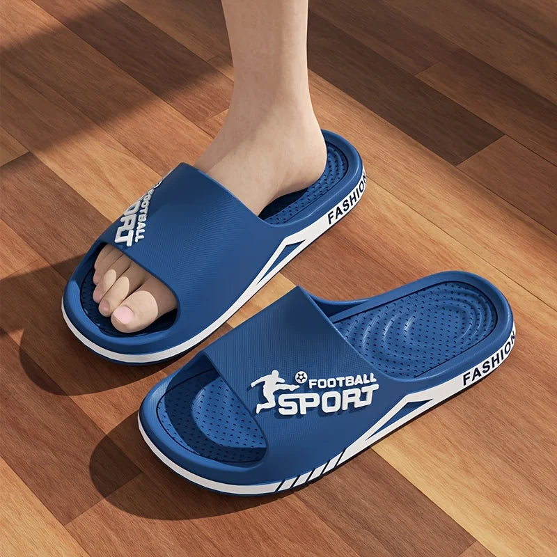 VaultHaus blue men's outdoor sports slides with cushioned sole and football sport design