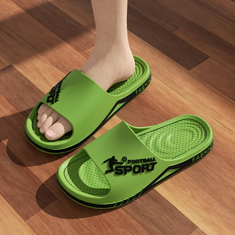 VaultHaus green men's outdoor sports slides with open toe design and cushioned footbed on wooden floor