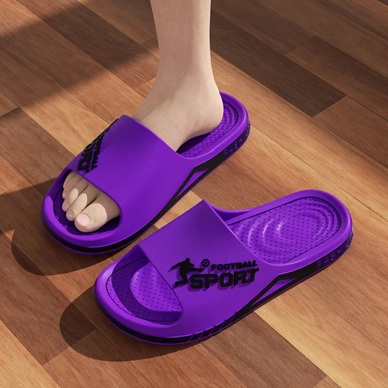 VaultHaus purple men's outdoor sports slides with cushioned footbed and open toe design on wooden floor