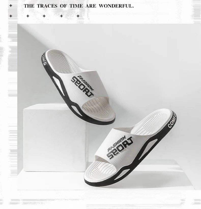 VaultHaus men's outdoor sports slides in white and black with cushioned sole and open toe design