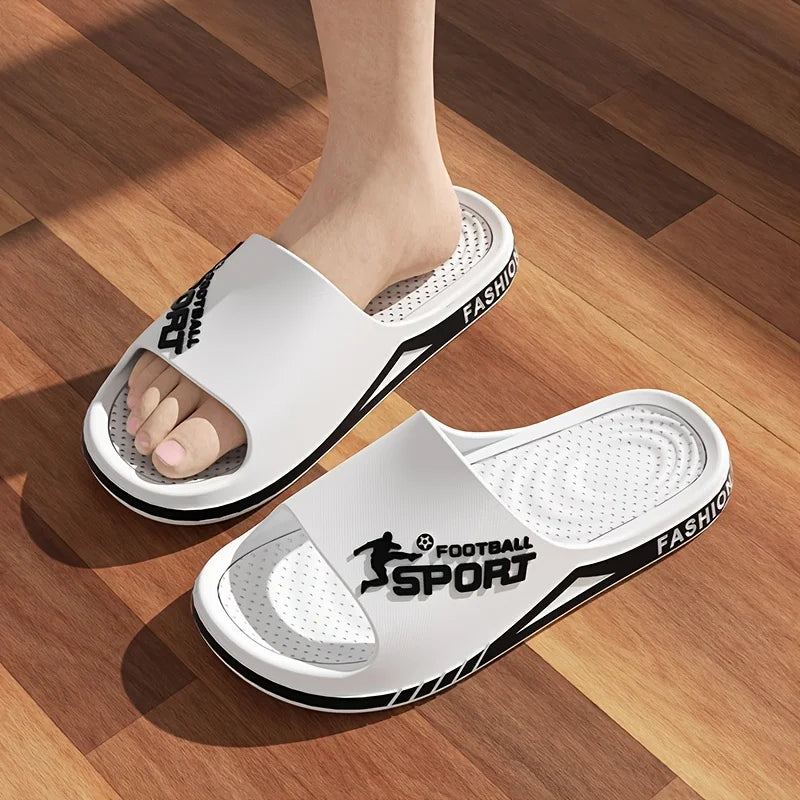 VaultHaus men's outdoor sports slides white with black football sport logo on wood floor