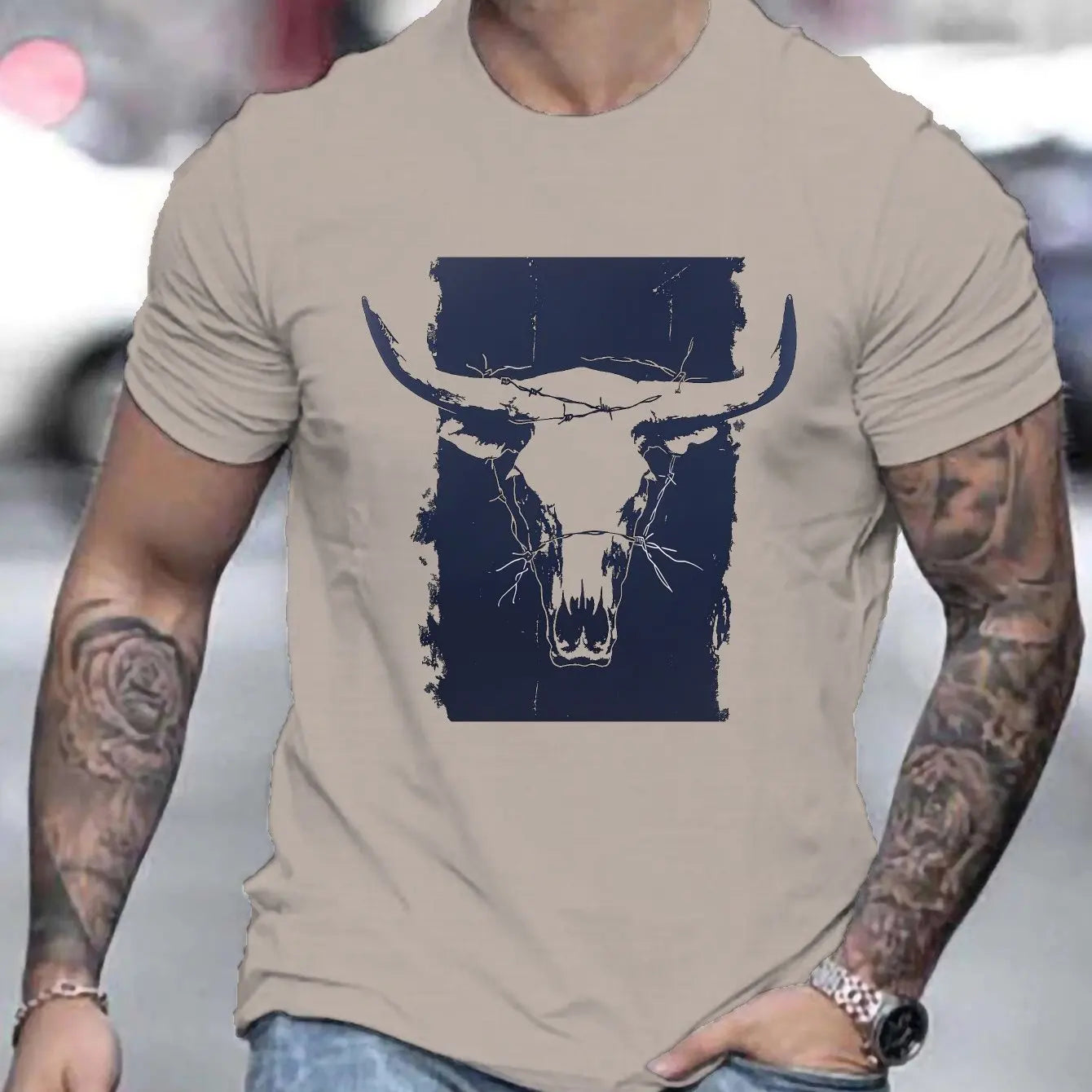 VaultHaus men's short sleeve cotton shirt featuring a bull skull graphic design in navy blue