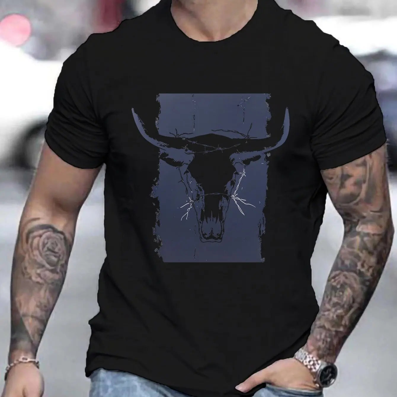 Men's short sleeve cotton shirt featuring a bold bull graphic design on a black background