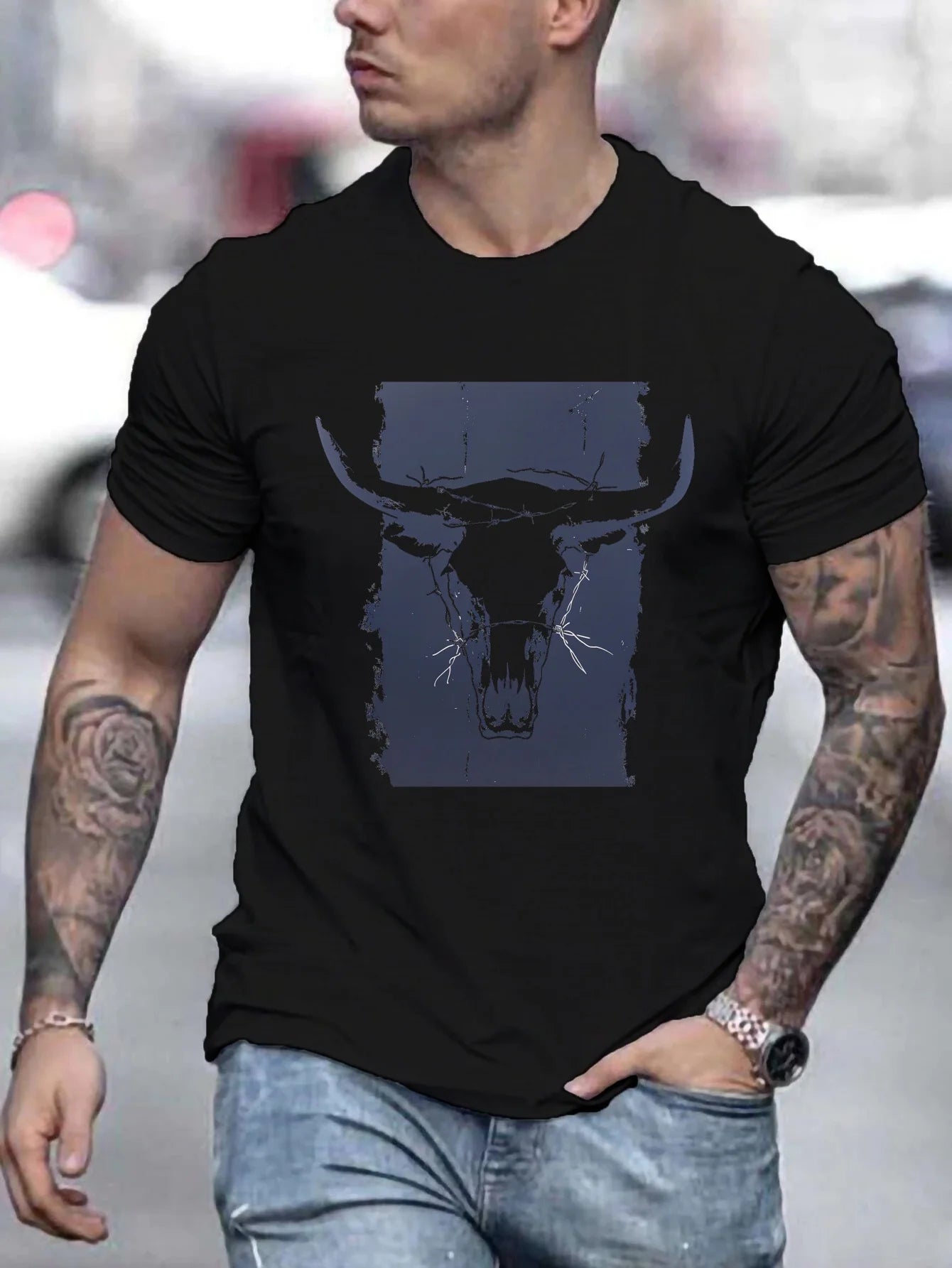 Black men's short sleeve cotton shirt featuring a bold bull skull graphic design