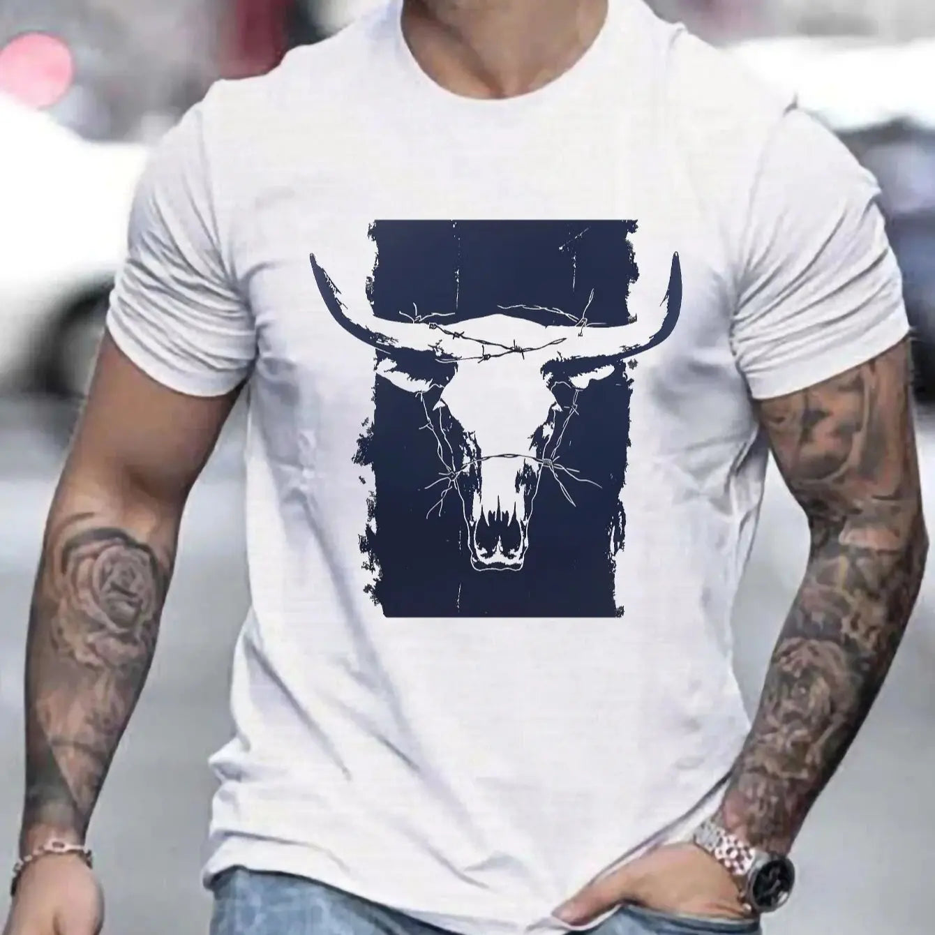 Men's short sleeve cotton shirt featuring a bold bull graphic design for casual wear