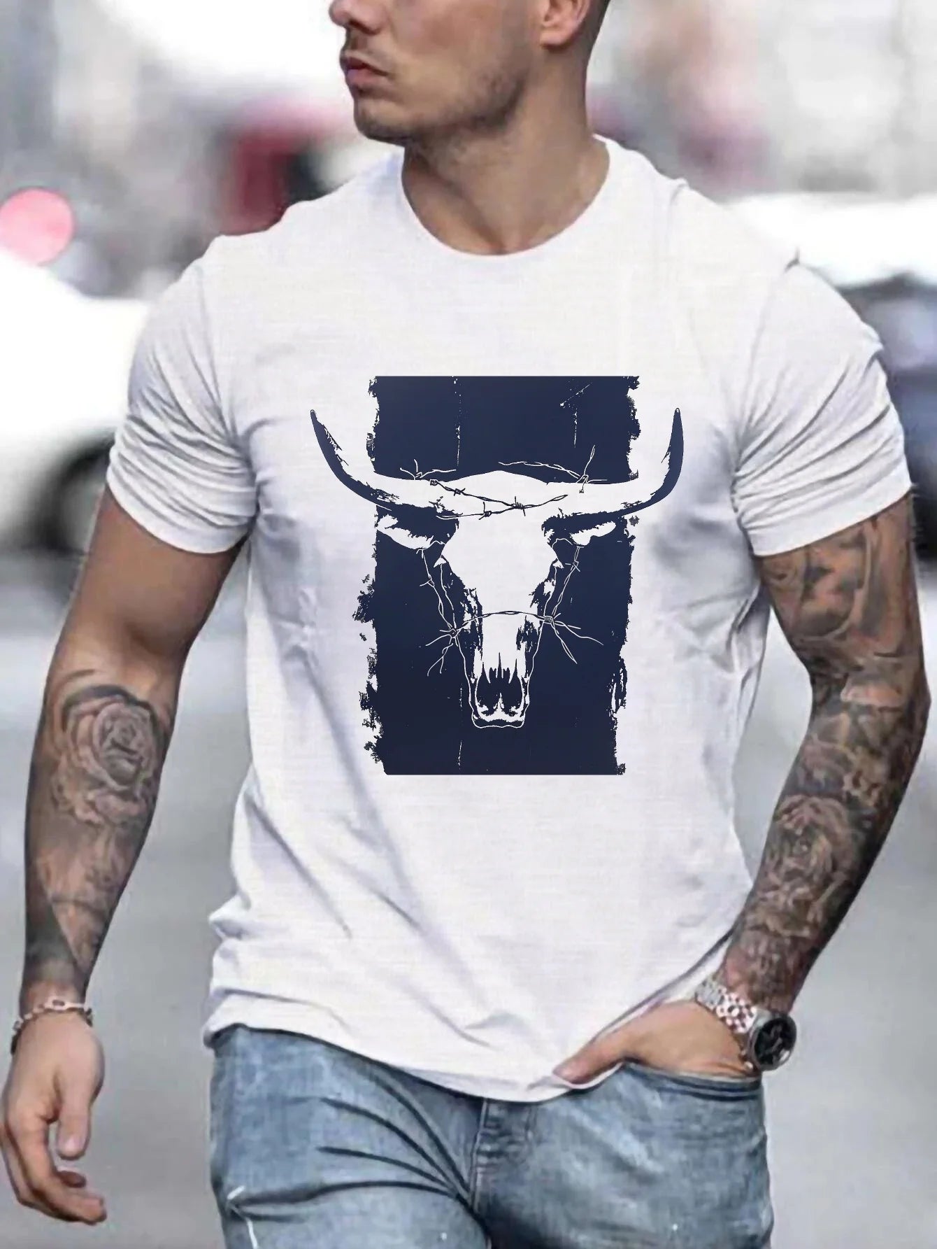 Men's short sleeve cotton shirt featuring a bold bull graphic design for a stylish casual look