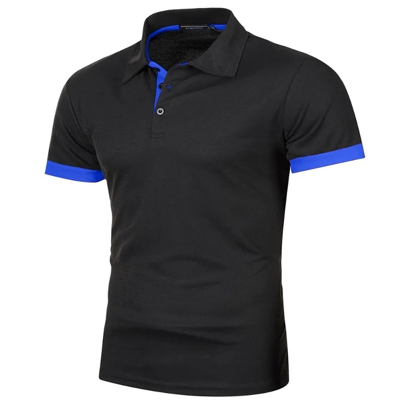 VaultHaus men's streetwear short sleeve polo in black with blue accents for a stylish casual look