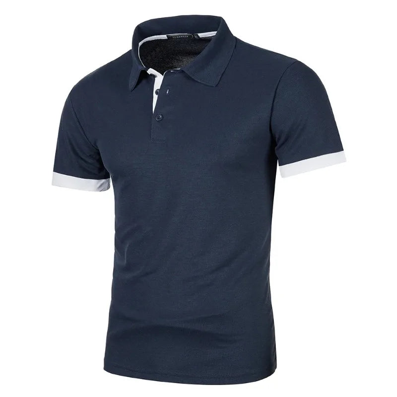 VaultHaus men's streetwear short sleeve polo in navy blue with contrasting white accents