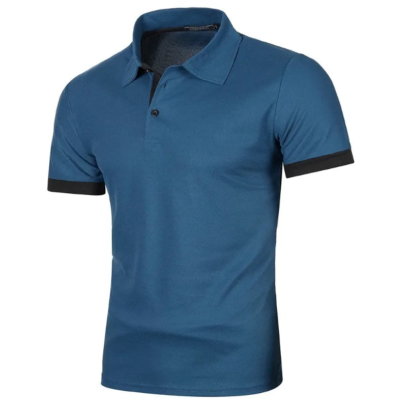VaultHaus men's streetwear short sleeve polo in blue with black trim for casual outfits