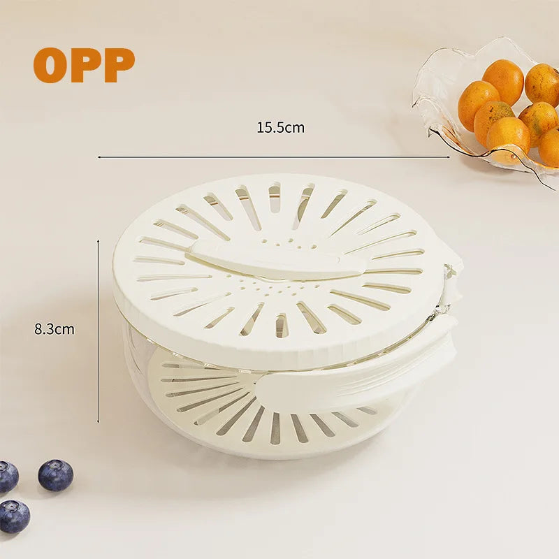 VaultHaus multi-function fruit and vegetable strainer basket in white with lid and measurements