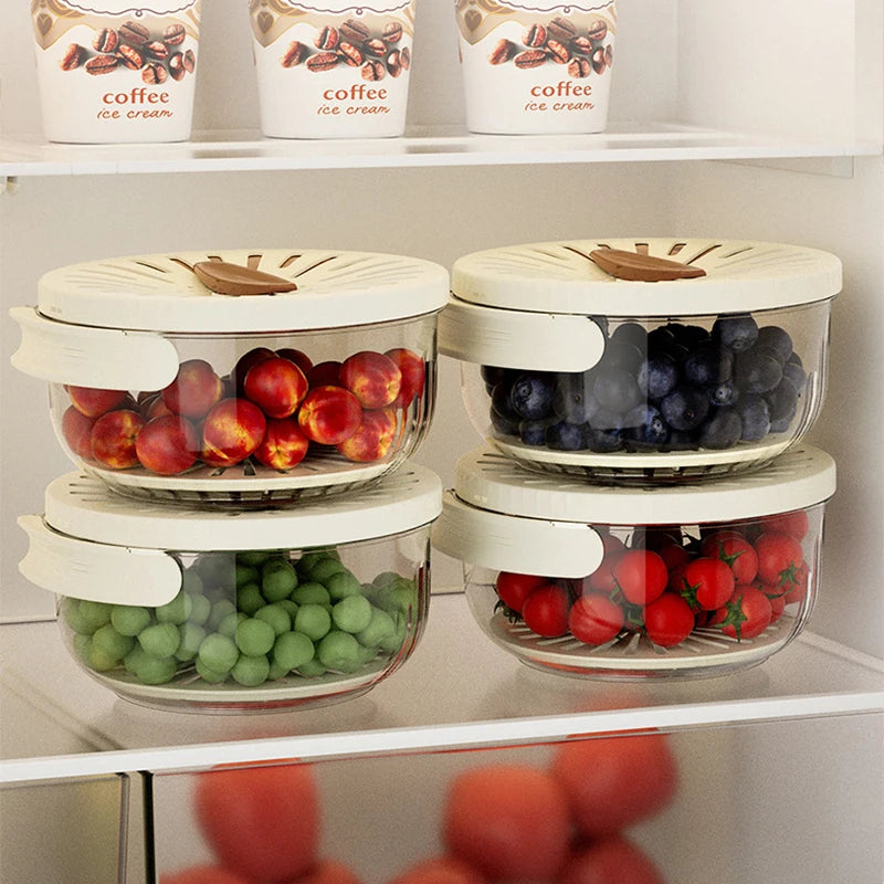 VaultHaus multi-function fruit and vegetable strainer basket set with clear containers and beige lids in refrigerator