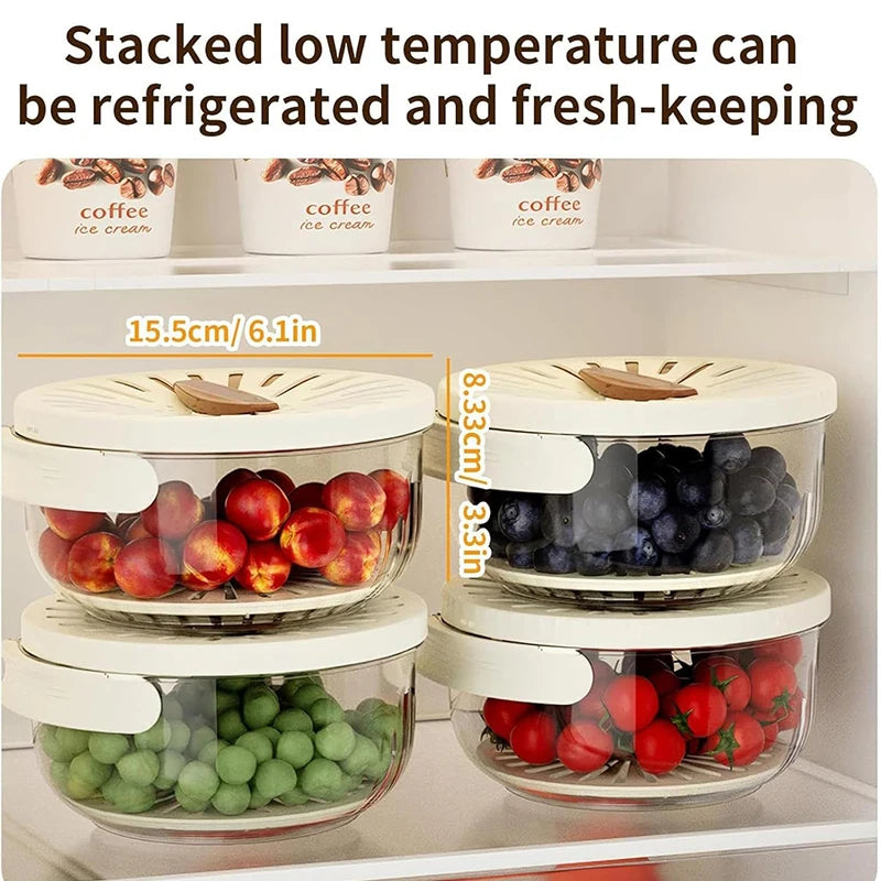 VaultHaus multi-function fruit and vegetable strainer basket with lids stacked inside refrigerator holding various fresh fruits and vegetables