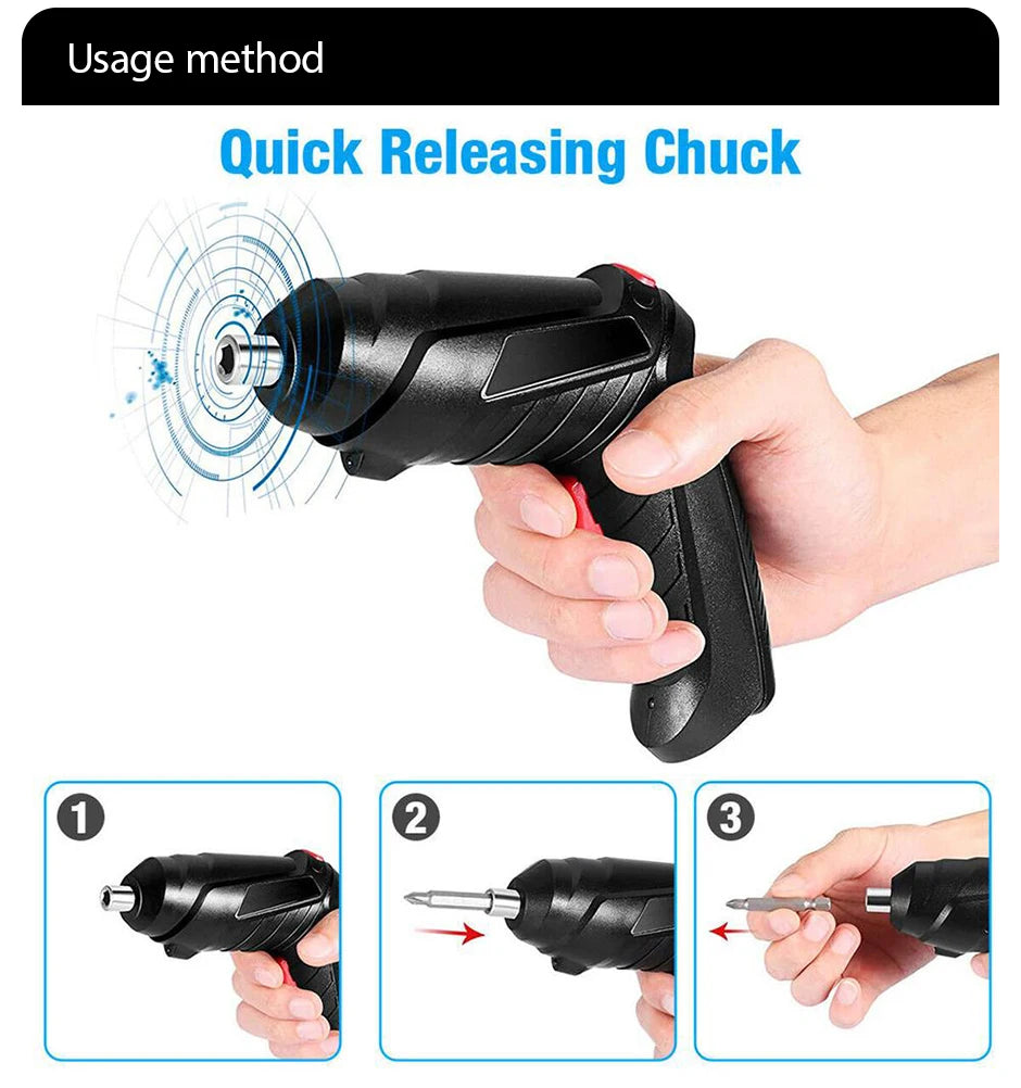Hand holding a multifunctional household electric drill with a quick releasing chuck feature