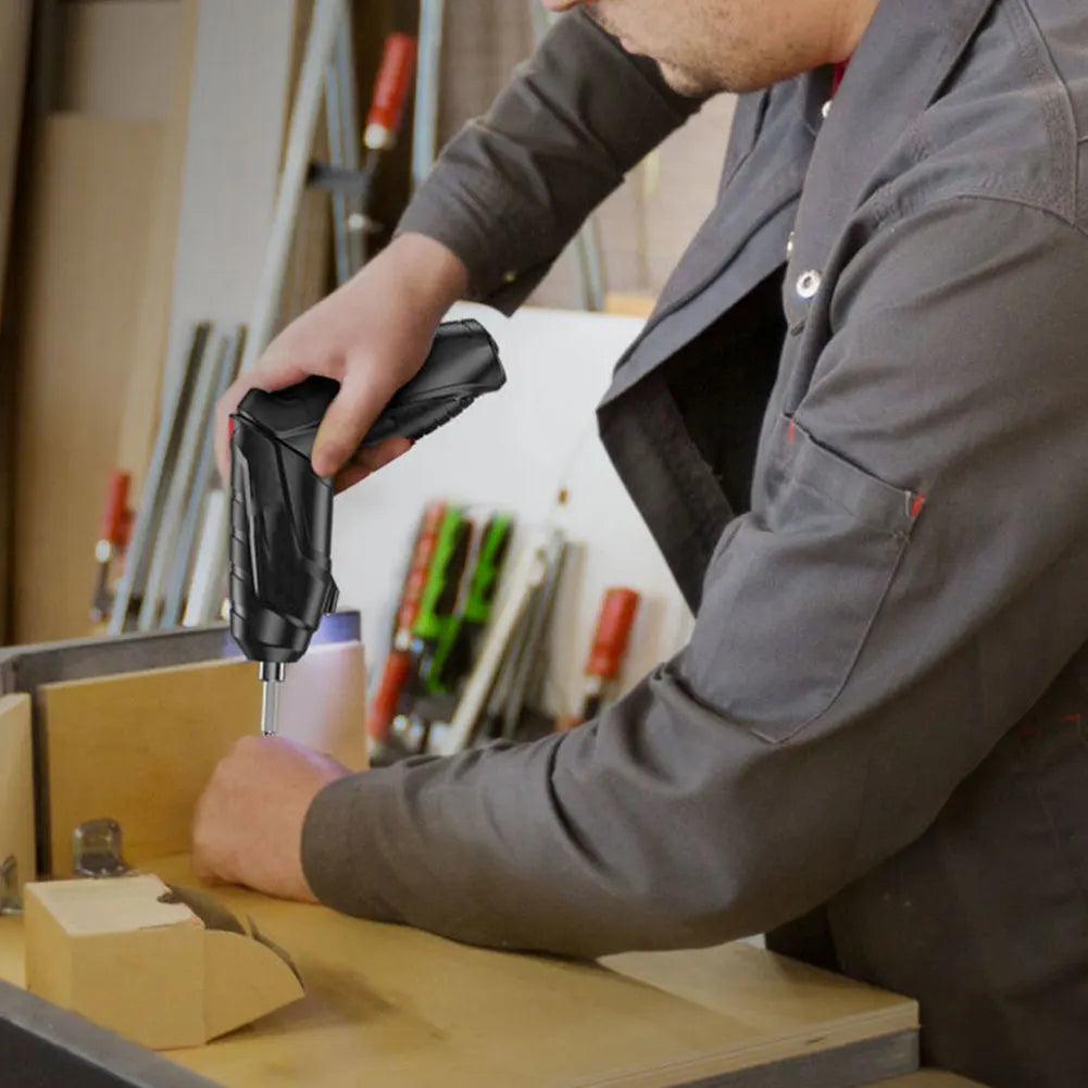 VaultHaus multifunctional household electric drill in use for various DIY tasks on a workbench