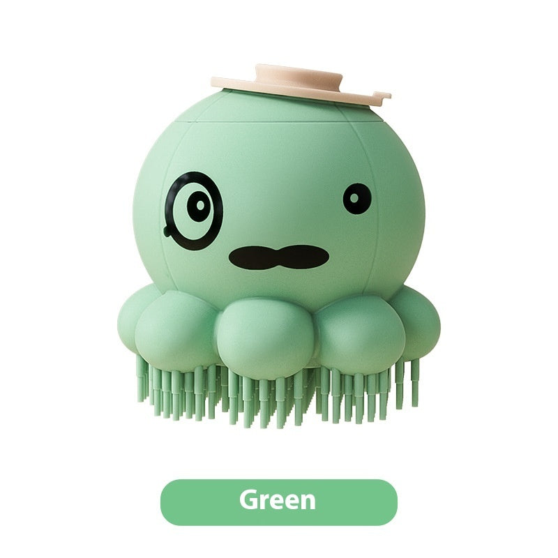 Dog Silicone Shower Brush green octopus shaped pet grooming scrubber with suction top and soft bristles