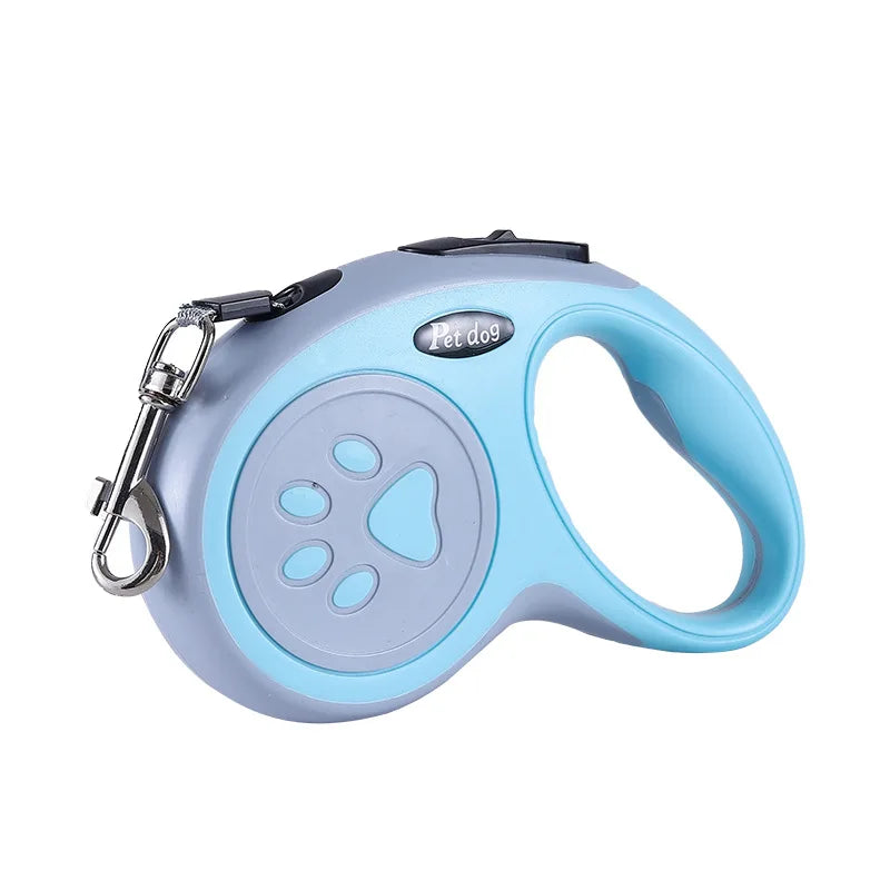 Cat and dog retractable leash in blue and gray design for pets up to 50 pounds