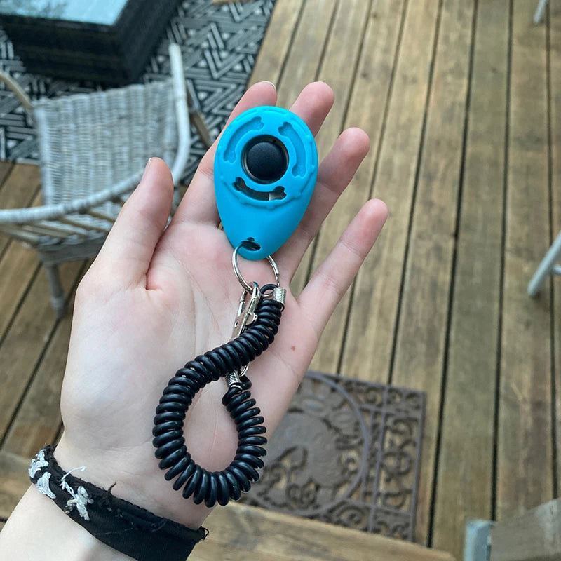VaultHaus dog training clicker in blue with coiled wrist strap for effective pet training